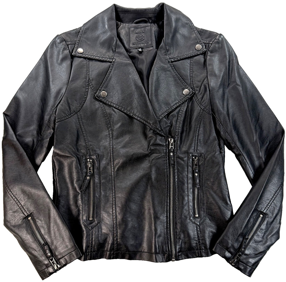 Max Studio Black Moto Biker Vegan Faux Leather Jacket (Women's S)